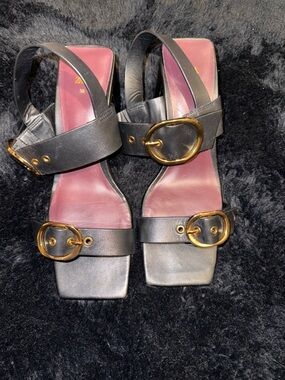 Zara Black Leather Heeled Slingback Sandals with Gold Buckles Sz 38